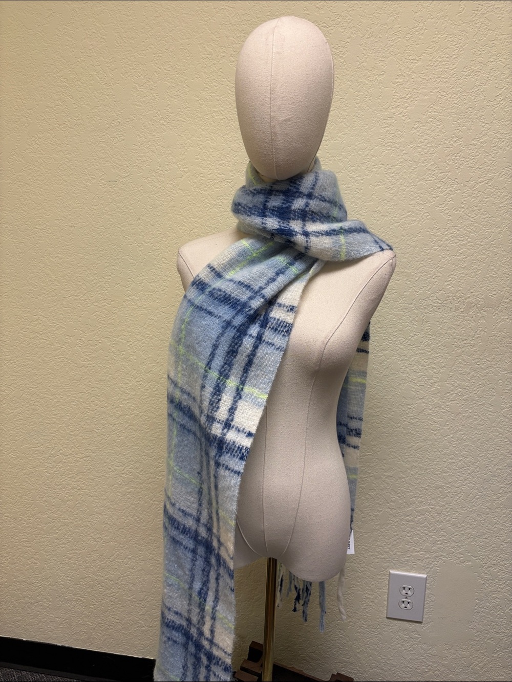 Cozy Blue Plaid Fringe Scarf